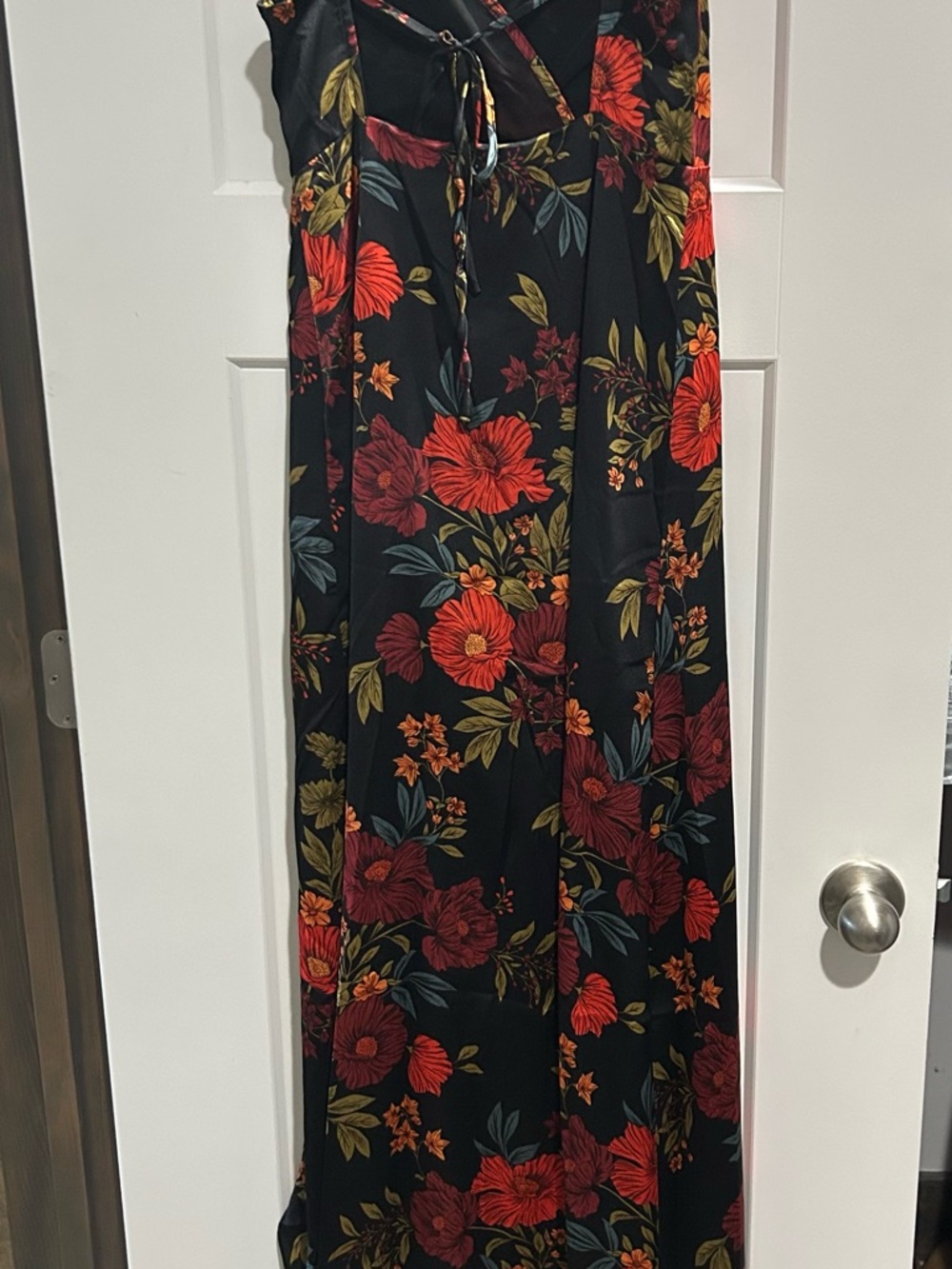 Floral V-Neck Black Maxi Dress with Red & Green Print - Picture 4 of 4